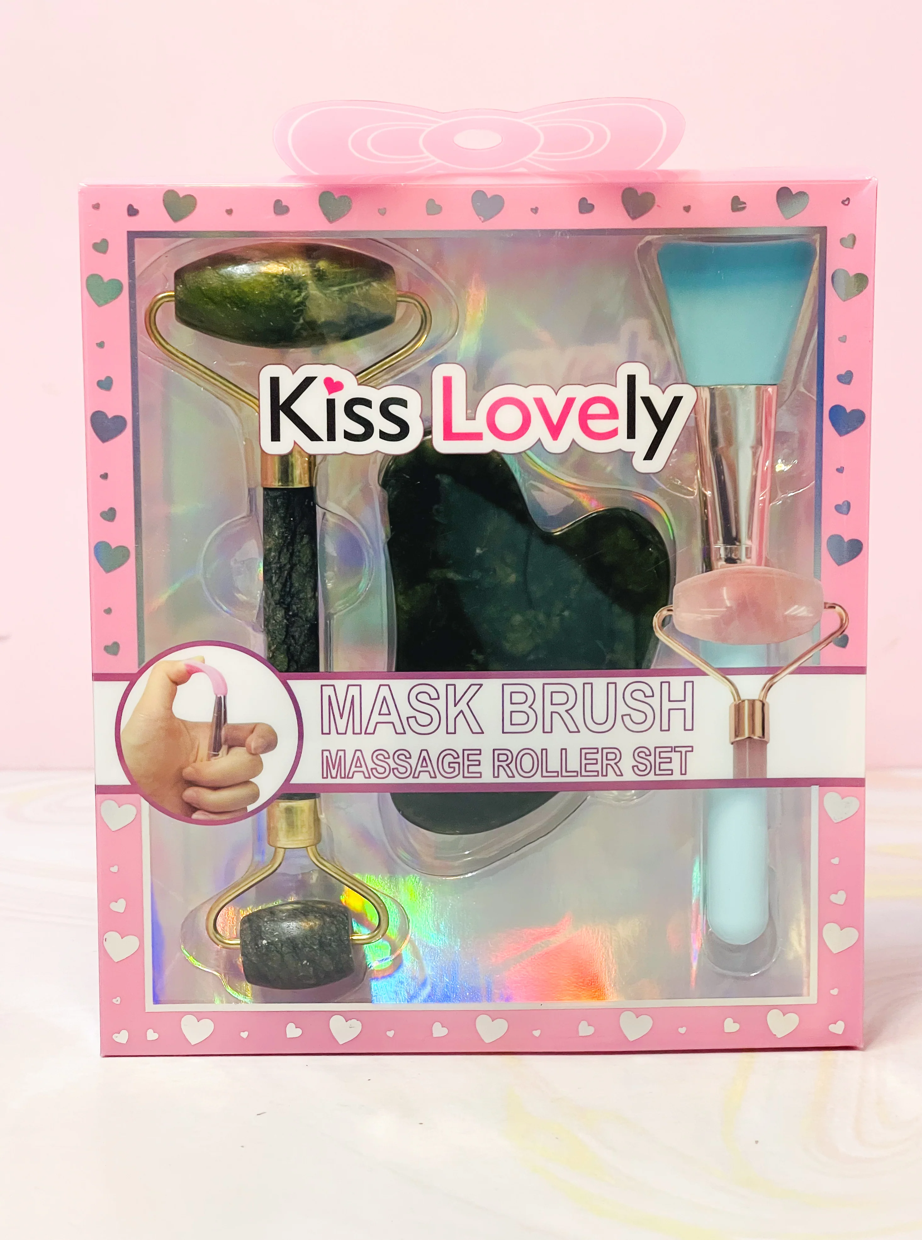 Kit masajeador con rodillo de jade, Guasha y brocha de silicona OH25-19 Kiss Lovely